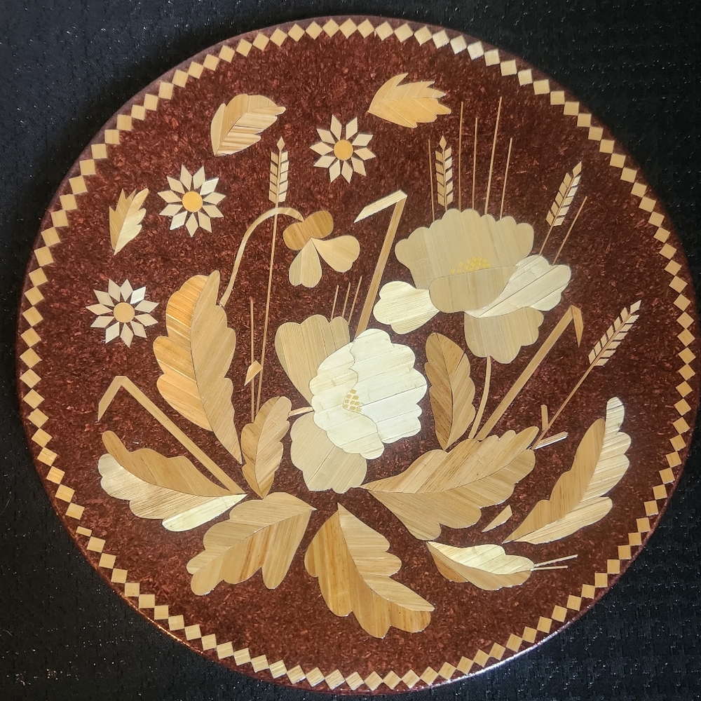Vintage Russian Folk Art Inlaid Wood Decorative Plate Wall Hanging